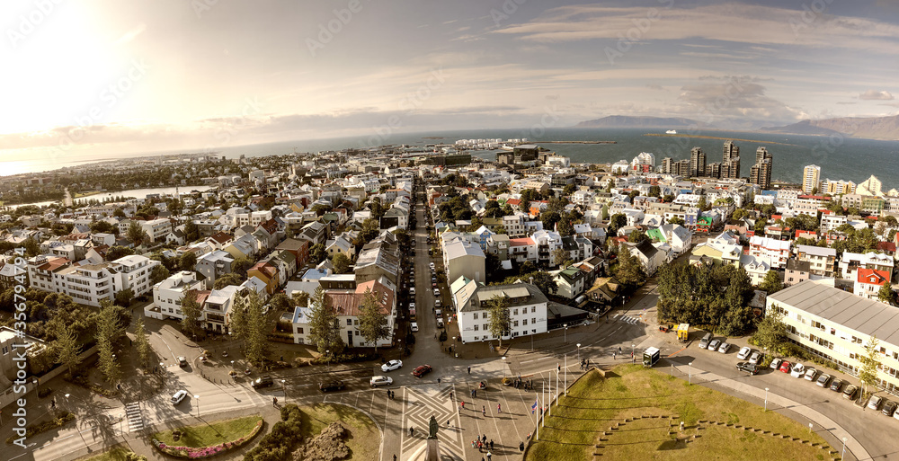 REYKJAVIK, ICELAND - AUGUST 10, 2019: Amazing panoramic aerial view of the city in summer season