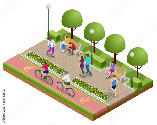 Isometric people relaxing and walking in the park. People ride a bike on a bicycle path. Active and healthy relaxation.