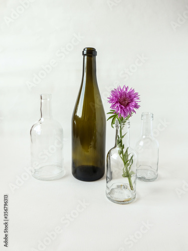 The concept of selective waste collection that reduces the carbon footprint : glass bottles of different sizes and colors with a flower on a white background, close-up, side view