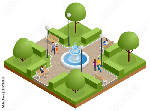 Isometric eople relaxing and walking in the park near the lake. Active and healthy relaxation.