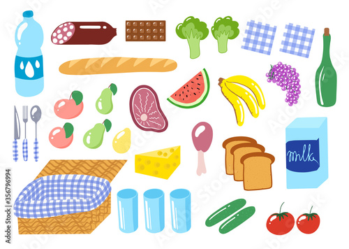 isolated picnic set for omnivore person. 
Outdoor lunch concept with a basket of food. 
things for treat in park. set of meat, vegetables, snacks, drinks.