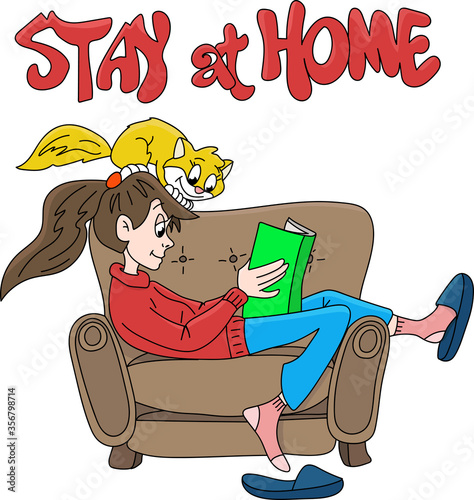 Cartoon girl staying at home with her cat to be safe from corona virus  reading books vector illustration