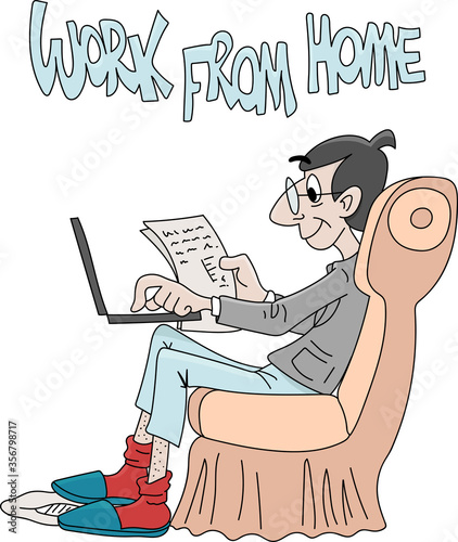 Cartoon man staying at home and working from home to be safe from corona virus vector illustration