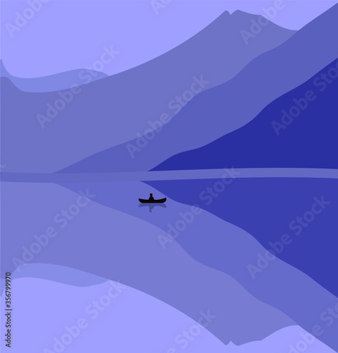 Minimalism landscape man alone in boat with mountain and lack vector illustration background 