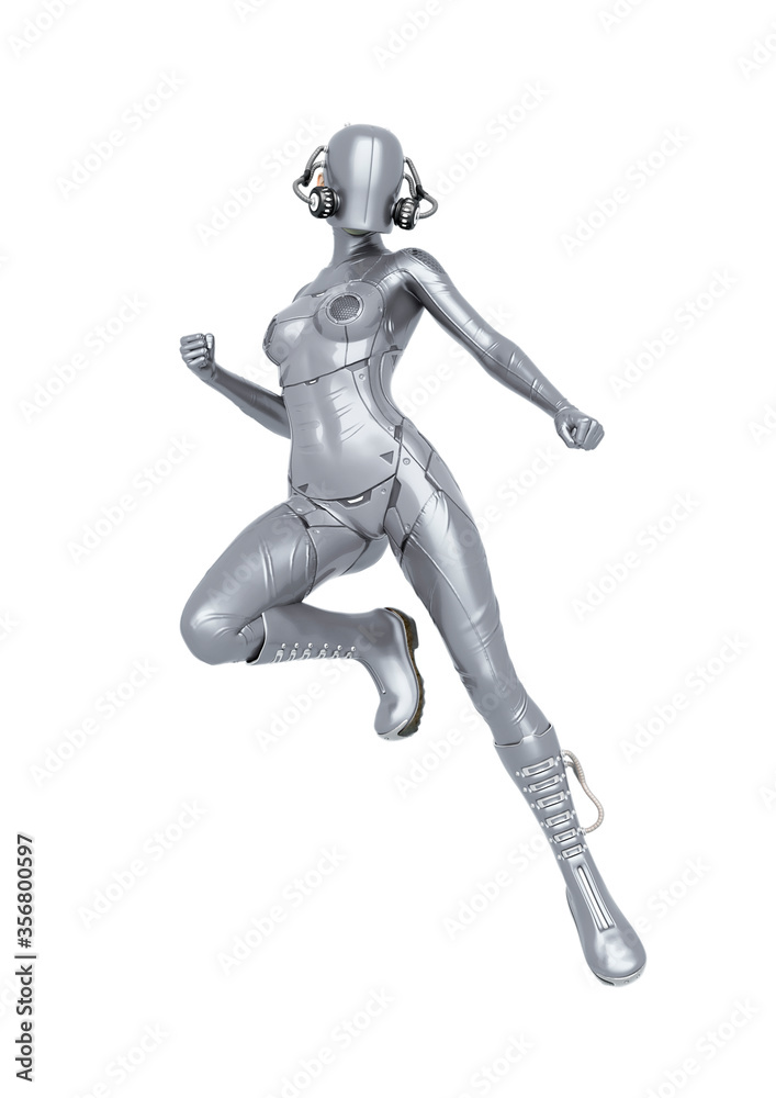 cyber soldier female is floating and waiting for action