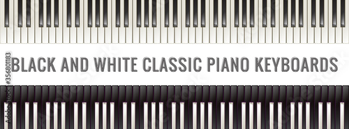 Piano Keyboards with Classic and Inverted Keys Color Full Sets Patterns - Black and Ivory Glossy Elements and Text on White Background - 3D Illusion Realistic Gradient Graphic