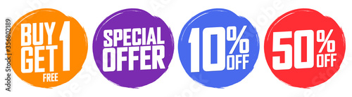 Set Sale speech bubbles banners design template, discount tags, buy 1 get 1 free, special offers, vector illustration