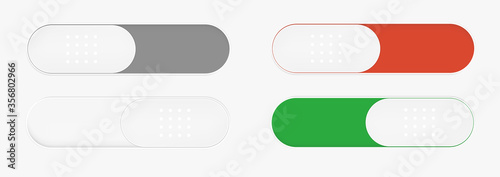 Buttons on and off the switch. UI, UX, KIT elements for web site and Mobile app. User interface switch buttons set. Sliders 4 colors (green, orange, gray and white) Vector UI elements set
