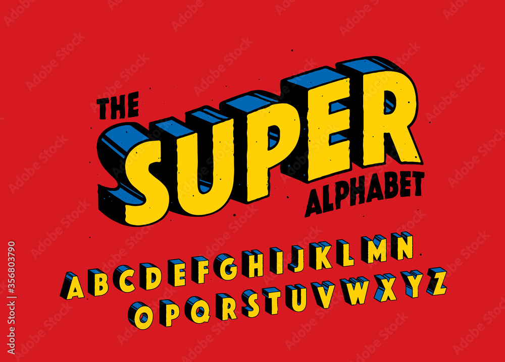 Comics super hero style font design, alphabet letters and numbers, vector illustration - obrazy, fototapety, plakaty 