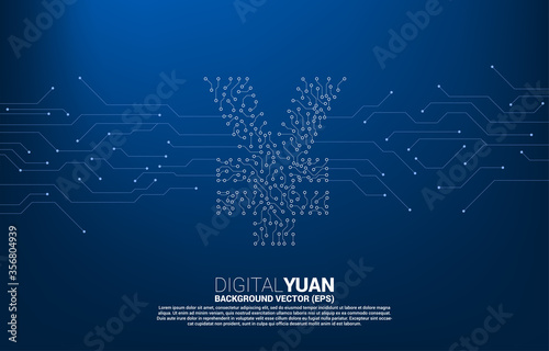 Vector digital yuan currency money icon from circuit board style dot connect line. Concept for china digital currency economy and financial network connection.