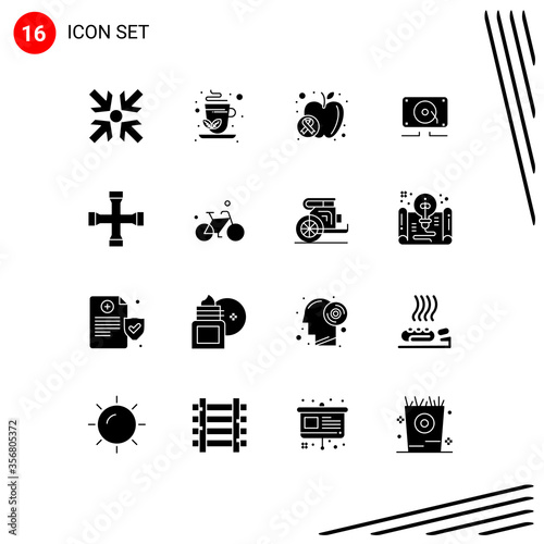 Solid Glyph Pack of 16 Universal Symbols of transportation, cross wrench, wellness, construction and tools, speaker