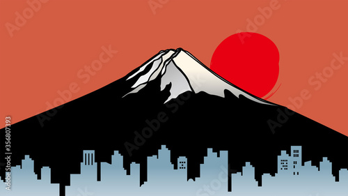 富士山と日の出のと都心の街並みのイラスト