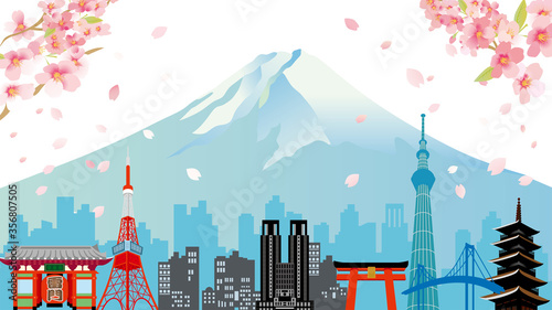 桜と富士山と東京のビル群のイラスト