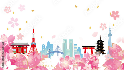 桜のの東京の街並みのイラスト