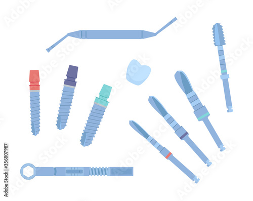 Dental tools for dental implants. Medical metal and titanium. Vector illustration, in a flat style. Poster to the clinic, image for instructions for dentists, training books. Isolated on white.