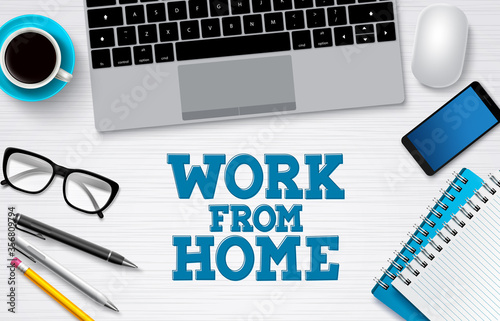 Work from home office vector background banner. Freelance remote online business job background for work from home workplace with computer elements. Vector illustration.
