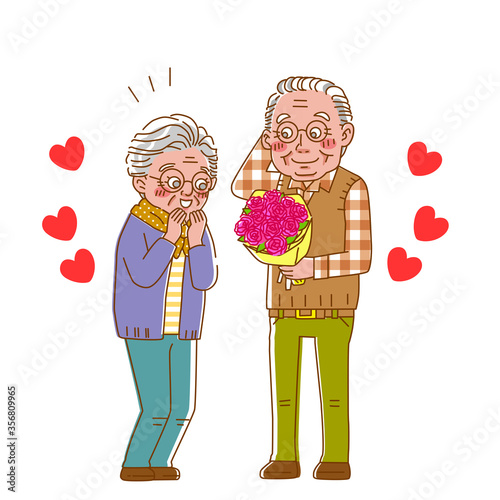 Full body illustration of a happy senior couple handing a bouquet