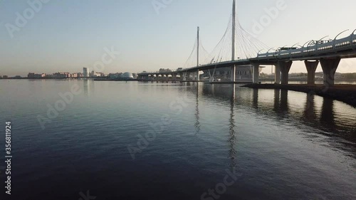 Wallpaper Mural 4K aerial early morning sunrise drone video of beautiful Gulf of Finland bay view of ZSD highway cable-stayed bridges in Saint-Petersburg, Russia's northern capital Torontodigital.ca