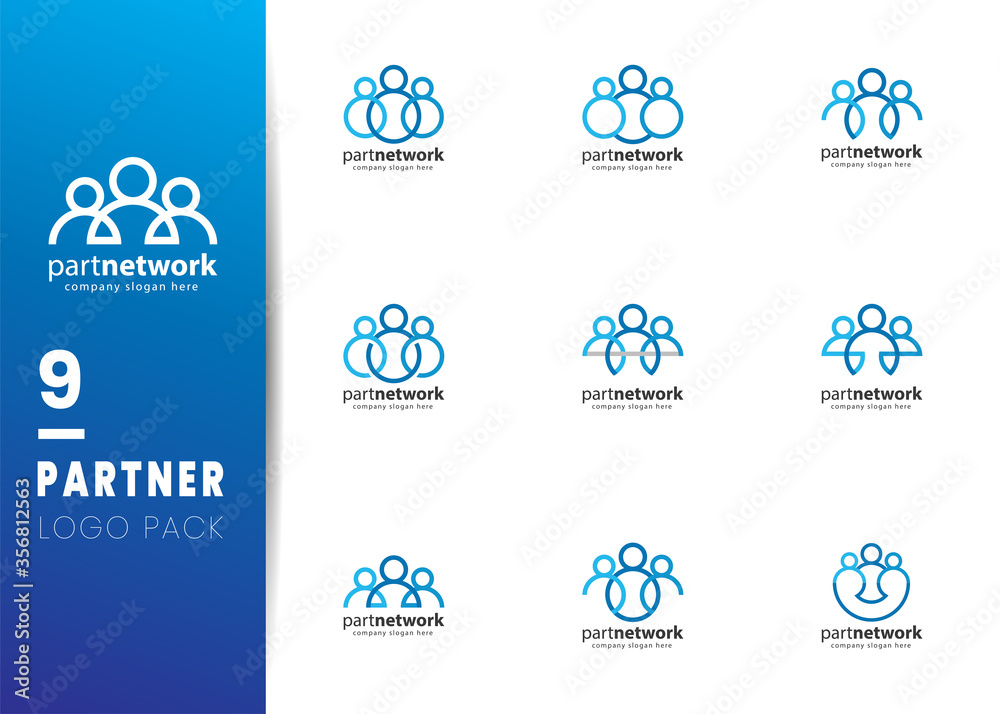 Blue Partner Network Logo Design Template. Team of three people together icon isolated on white background Blue Partner Network Logo Design Template. Team of three people together icon isolated on white background