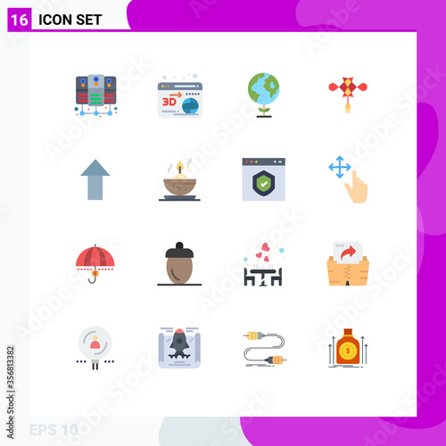 Universal Icon Symbols Group of 16 Modern Flat Colors of candle, upload, globe, up, decoration photo