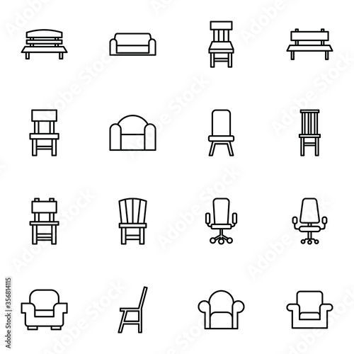 Chair, stool, sofa icon set. Simple office chair, bench, seat outline icon sign concept. vector illustration. 