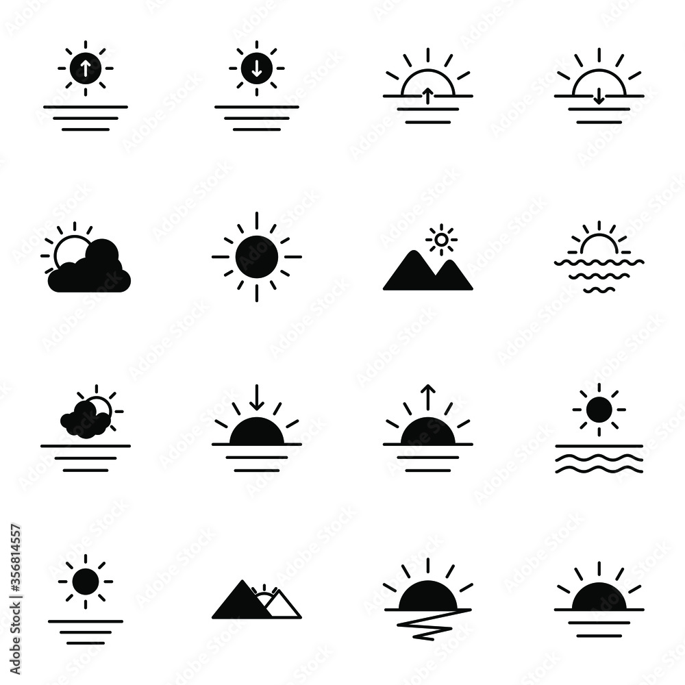 Sun, sunset, sunrise and sea icon set. Simple sunset and sunrise solid line icon sign concept. vector illustration.