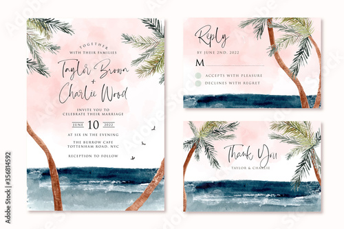wedding invitation set with beach tropical palm tree watercolor landscape