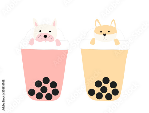 Two bubble tea cup with lovely dogs isolated vector illustration. Drink concept background