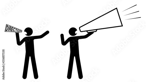 stick figure, director holds speaker, a loudspeaker and screams. Start filming a movie. Nervous leader. Isolated vector on white background