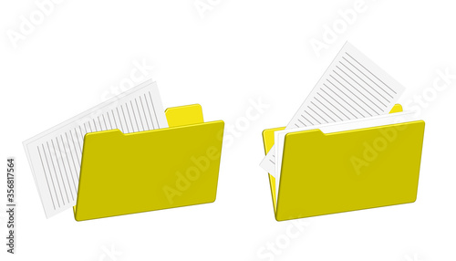 set of icons of yellow open folders for documents. Empty filled. Remove the paper sheet from the folder. Isolated vector on white background