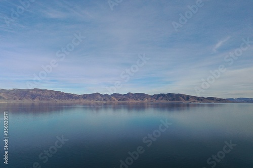 Aerial view of Pyamid Lake near Reno  Nevada on calm winter afternoon.