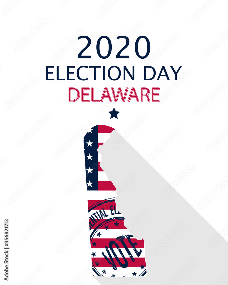 Obraz premium 2020 United States of America Presidential Election Delaware vector template. USA flag, vote stamp and Delaware silhouette