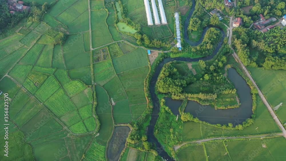 Aerial overhead shot of green farmlands, irrigation canals, and township Aerial overhead shot of green farmlands, irrigation canals, and township