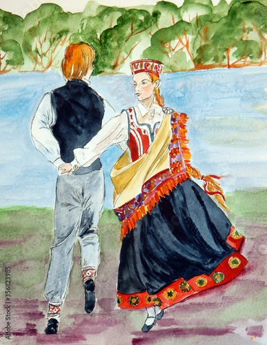 watercolor drawing of latvian folk dance in folk costumes photo