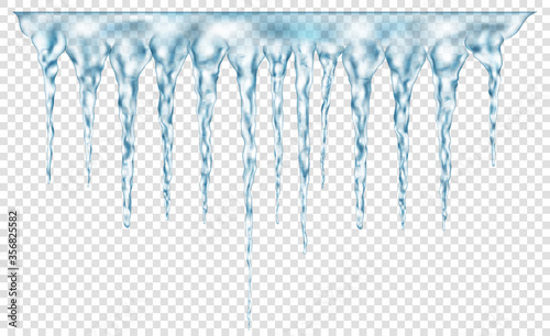 Group of translucent light blue realistic icicles of different lengths connected at the top. For use on light background. Transparency only in vector format