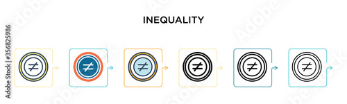 Inequality vector icon in 6 different modern styles. Black, two colored inequality icons designed in filled, outline, line and stroke style. Vector illustration can be used for web, mobile, ui