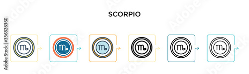Scorpio vector icon in 6 different modern styles. Black, two colored scorpio icons designed in filled, outline, line and stroke style. Vector illustration can be used for web, mobile, ui