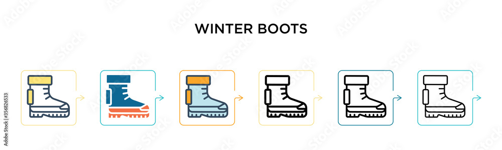Winter boots vector icon in 6 different modern styles. Black, two colored winter boots icons designed in filled, outline, line and stroke style. Vector illustration can be used for web, mobile, ui Winter boots vector icon in 6 different modern styles. Black, two colored winter boots icons designed in filled, outline, line and stroke style. Vector illustration can be used for web, mobile, ui