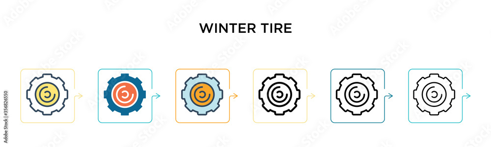 Winter tire vector icon in 6 different modern styles. Black, two colored winter tire icons designed in filled, outline, line and stroke style. Vector illustration can be used for web, mobile, ui