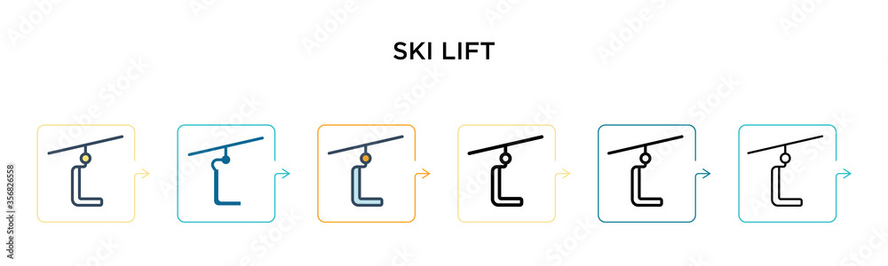 Ski lift vector icon in 6 different modern styles. Black, two colored ski lift icons designed in filled, outline, line and stroke style. Vector illustration can be used for web, mobile, ui Ski lift vector icon in 6 different modern styles. Black, two colored ski lift icons designed in filled, outline, line and stroke style. Vector illustration can be used for web, mobile, ui