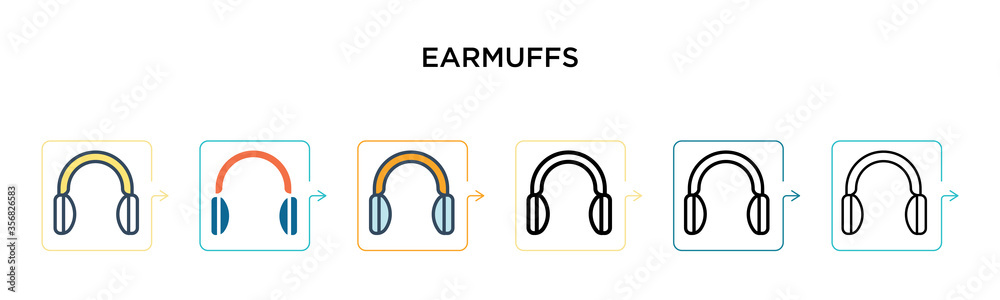 Earmuffs vector icon in 6 different modern styles. Black, two colored earmuffs icons designed in filled, outline, line and stroke style. Vector illustration can be used for web, mobile, ui Earmuffs vector icon in 6 different modern styles. Black, two colored earmuffs icons designed in filled, outline, line and stroke style. Vector illustration can be used for web, mobile, ui
