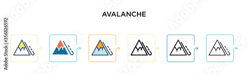 Avalanche vector icon in 6 different modern styles. Black, two colored avalanche icons designed in filled, outline, line and stroke style. Vector illustration can be used for web, mobile, ui