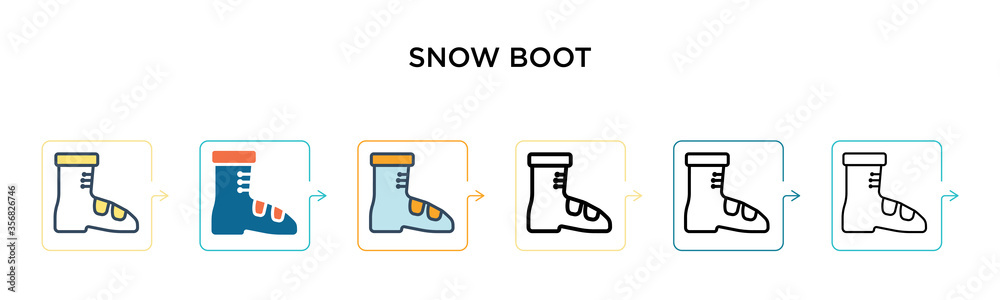 Snow boot vector icon in 6 different modern styles. Black, two colored snow boot icons designed in filled, outline, line and stroke style. Vector illustration can be used for web, mobile, ui Snow boot vector icon in 6 different modern styles. Black, two colored snow boot icons designed in filled, outline, line and stroke style. Vector illustration can be used for web, mobile, ui