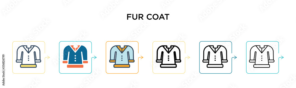 Fur coat vector icon in 6 different modern styles. Black, two colored fur coat icons designed in filled, outline, line and stroke style. Vector illustration can be used for web, mobile, ui