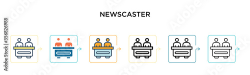 Newscaster vector icon in 6 different modern styles. Black, two colored newscaster icons designed in filled, outline, line and stroke style. Vector illustration can be used for web, mobile, ui