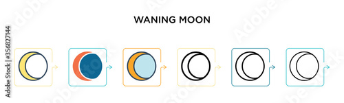 Waning moon vector icon in 6 different modern styles. Black, two colored waning moon icons designed in filled, outline, line and stroke style. Vector illustration can be used for web, mobile, ui