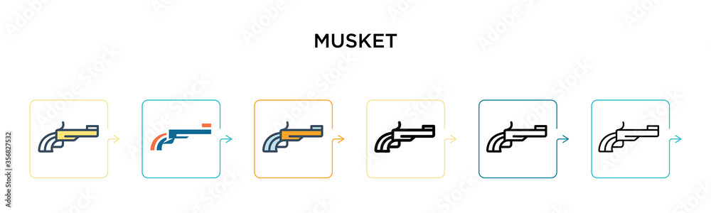 Musket vector icon in 6 different modern styles. Black, two colored musket icons designed in filled, outline, line and stroke style. Vector illustration can be used for web, mobile, ui