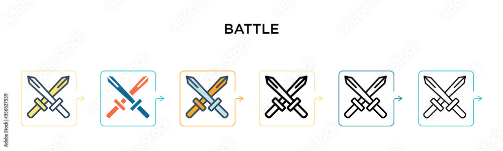 Battle vector icon in 6 different modern styles. Black, two colored battle icons designed in filled, outline, line and stroke style. Vector illustration can be used for web, mobile, ui