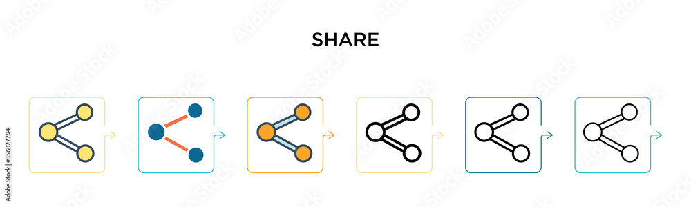 Share vector icon in 6 different modern styles. Black, two colored share icons designed in filled, outline, line and stroke style. Vector illustration can be used for web, mobile, ui Share vector icon in 6 different modern styles. Black, two colored share icons designed in filled, outline, line and stroke style. Vector illustration can be used for web, mobile, ui