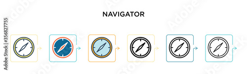Navigator vector icon in 6 different modern styles. Black, two colored navigator icons designed in filled, outline, line and stroke style. Vector illustration can be used for web, mobile, ui